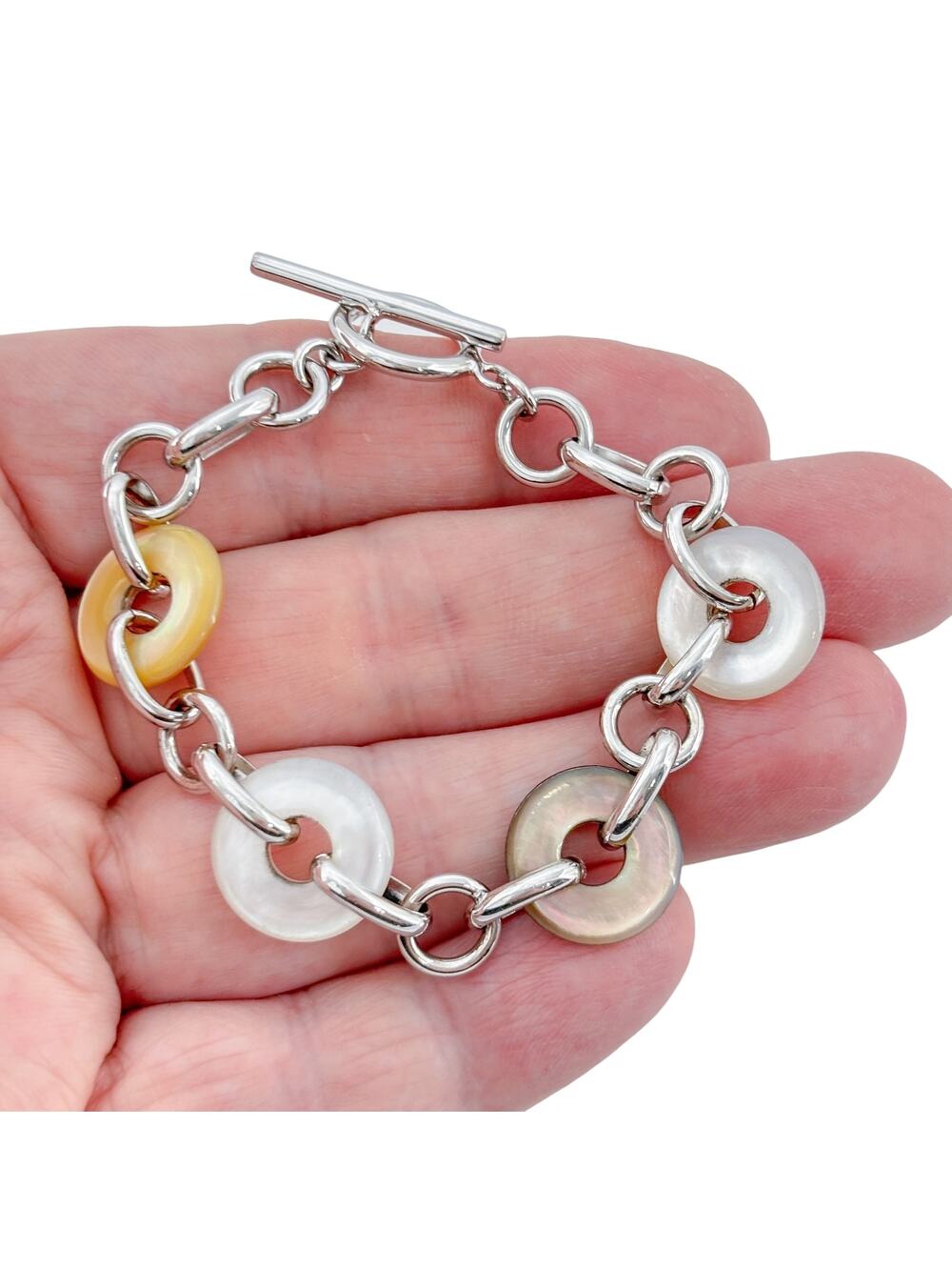 Vintage Sterling Silver 925 Abalone Donut Bracelet 7"